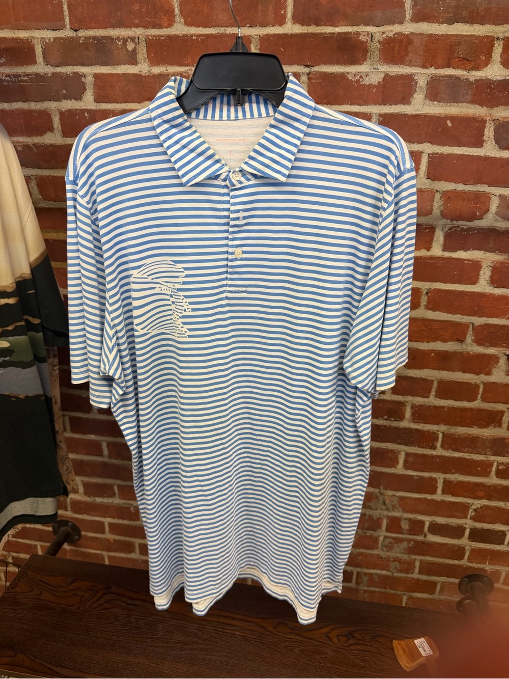 B. Draddy Blue & White Striped Polo – Men’s Large, Made in Peru